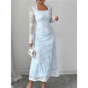 Lace Long Sleeve Square Neck Maxi Dress